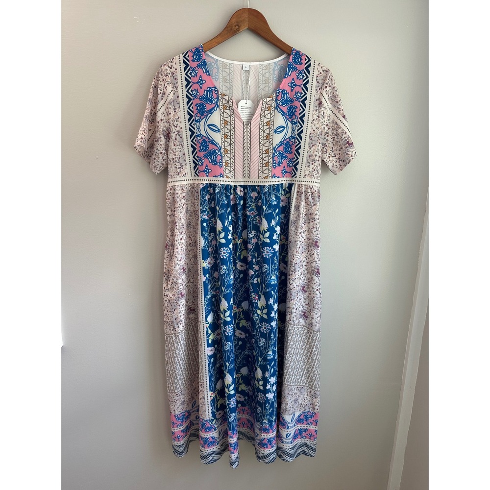 Fashion Says "Me Too" Boho Print‎ Floral Midi Dress Womens Size L Blue Pink NWT